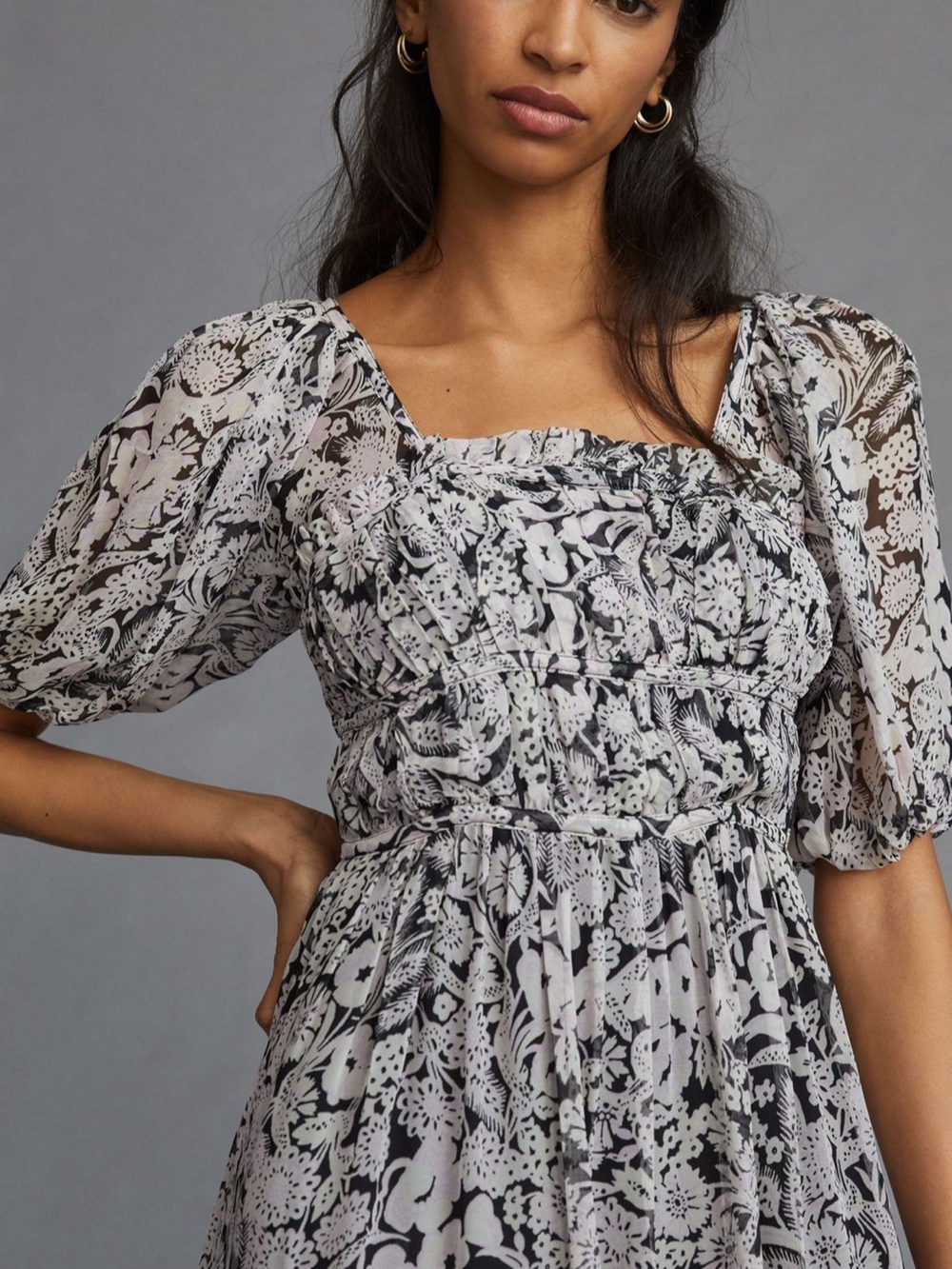 Anthropologie Black and White Floral Smocked Midi Dress - Picture 4 of 8
